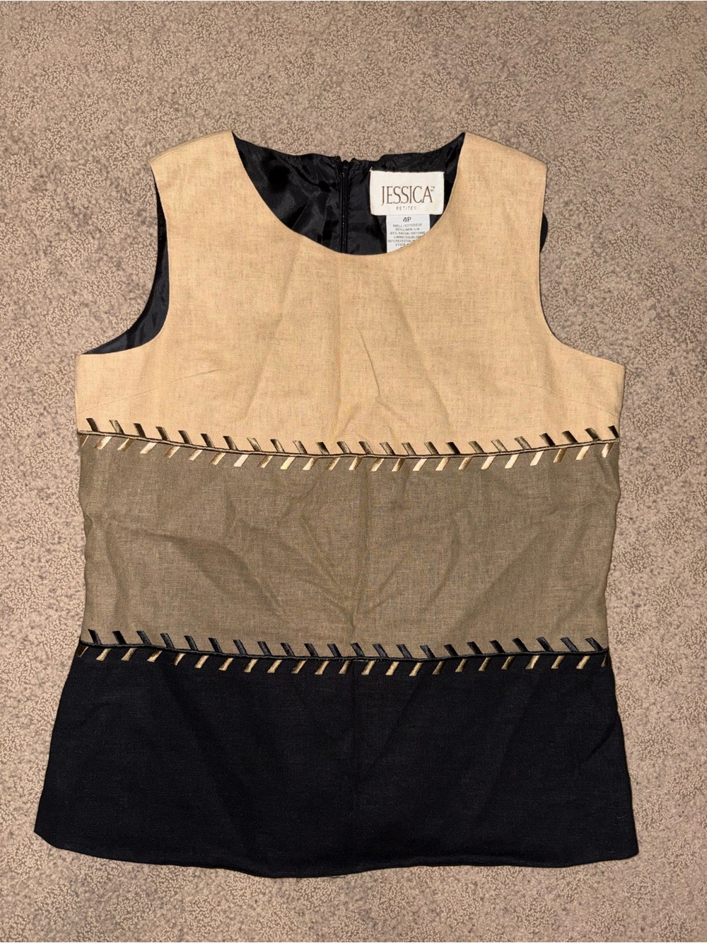 JESSICA TM Colorblock Sleeveless Sheath in Beige, Olive, Black, Size 4P Like NEW